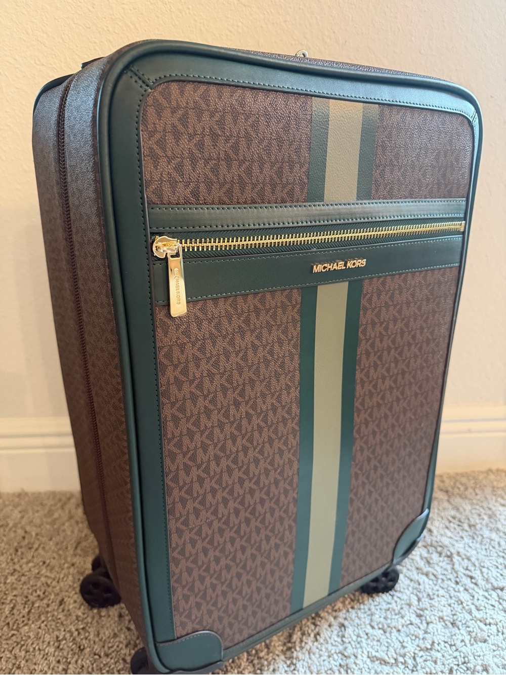 Michael Kors Brown & Dark Green Rolling Carry-On Suitcase